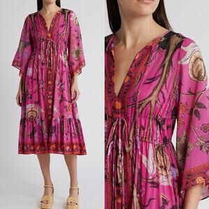 Kobi Halperin Reese Dress Floral Cotton Midi 3/4 Sleeves  Pink Multi Small New